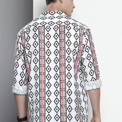 Men's White Relaxed Fit Geometric Print Resort Wear Shirt