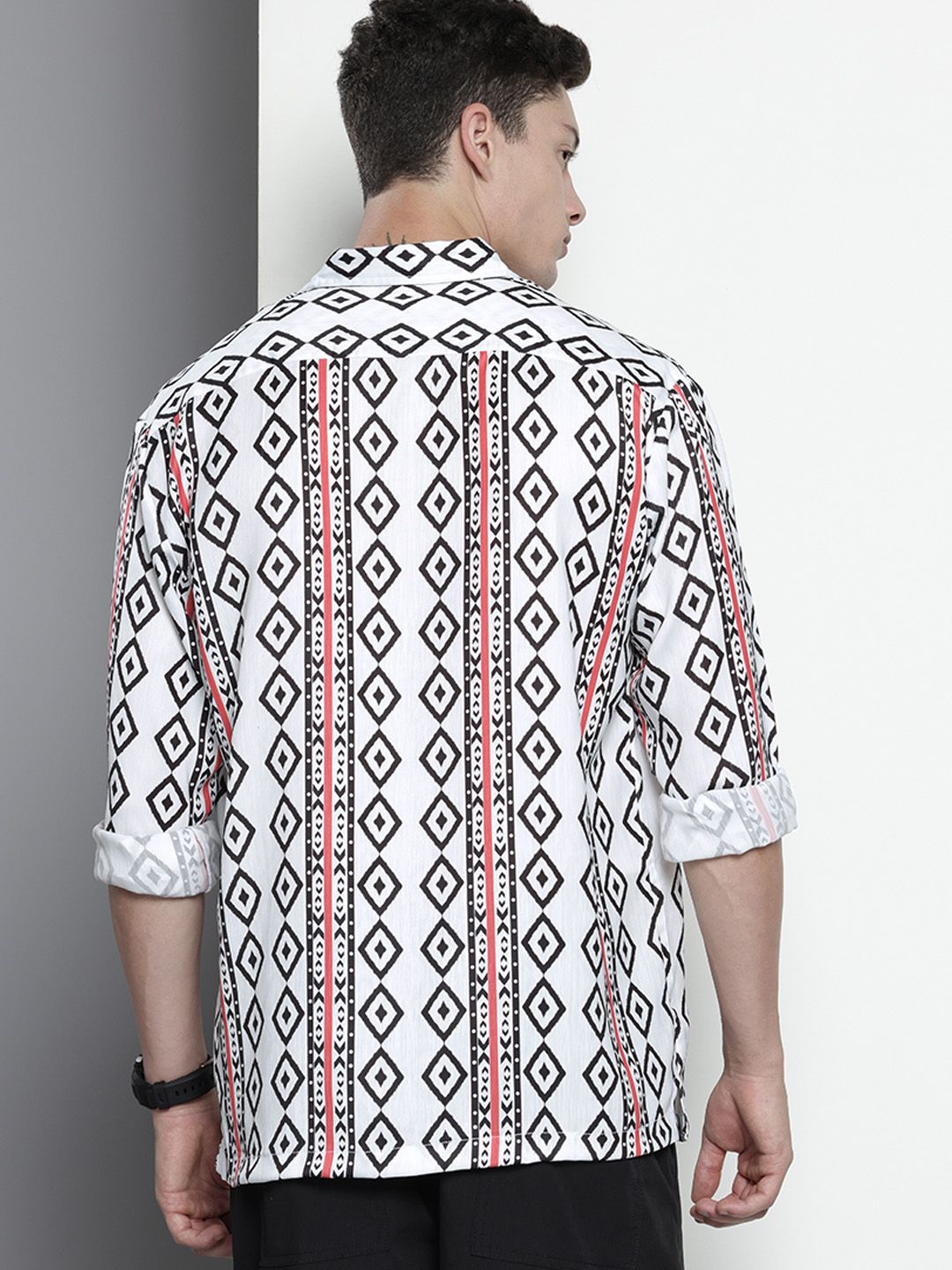 Men's White Relaxed Fit Geometric Print Resort Wear Shirt