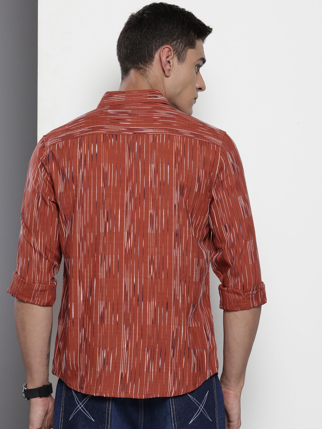 Men's Orange Slim Fit Striped Casual Shirt