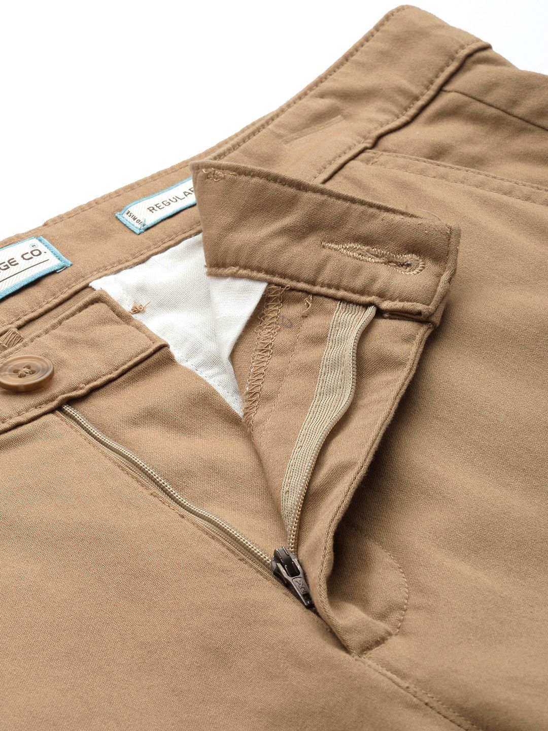 Men's Khaki Regular Fit Solid Chinos