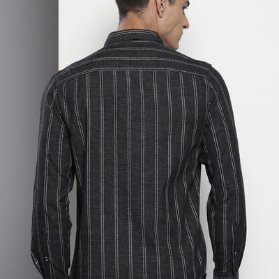 Men's Black Slim Fit Striped Casual Shirt