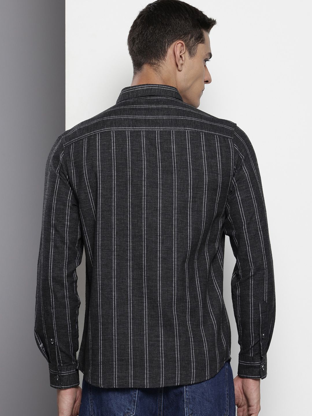 Men's Black Slim Fit Striped Casual Shirt