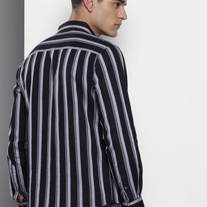 Men's Black Slim Fit Striped Casual Shirt