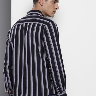 Men's Black Slim Fit Striped Casual Shirt