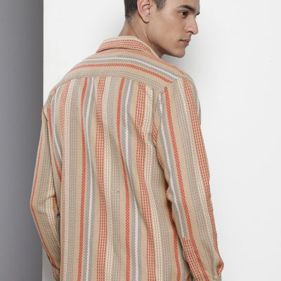 Men's Brown Relaxed Fit Striped Resort Wear Shirt