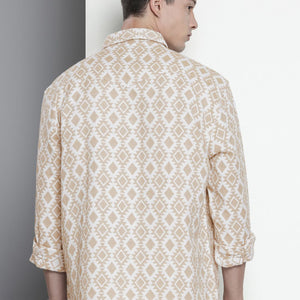Men's Beige Relaxed Fit Geometric Print Casual Shirt