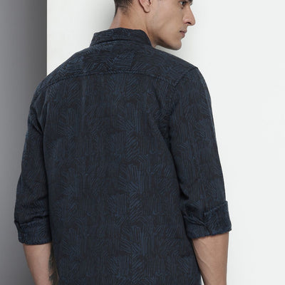 Men's Blue Regular Fit Textured Casual Shirt