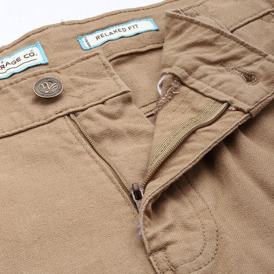 Men's Beige Relaxed Fit Solid Cargos