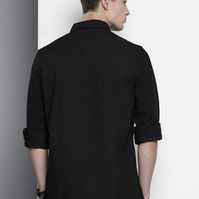 Men's Black Regular Fit Textured Resort Wear Shirt
