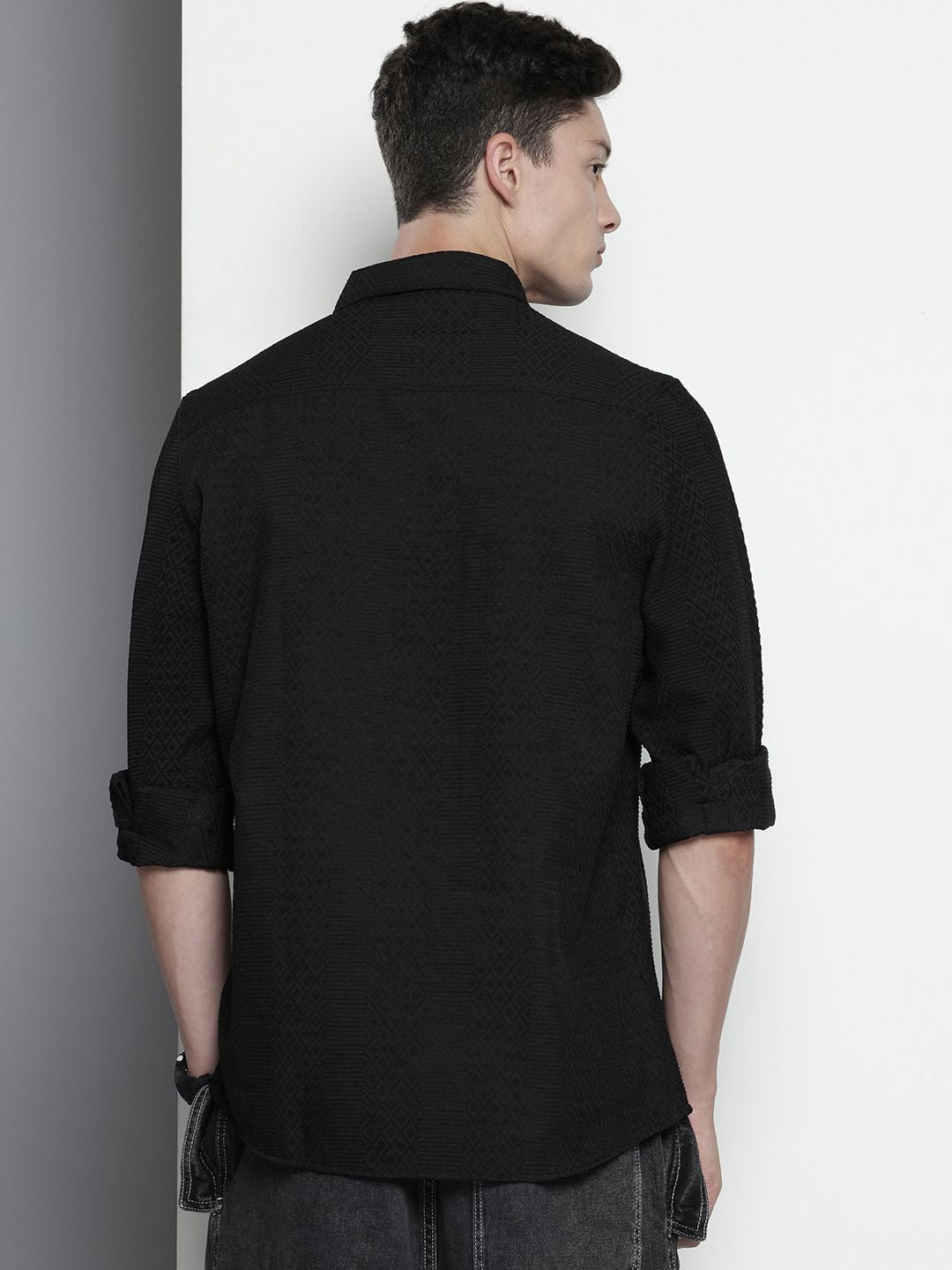 Men's Black Regular Fit Textured Resort Wear Shirt