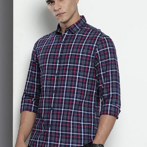 Men's Blue Slim Fit Checked Casual Shirt