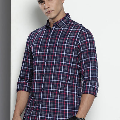 Men's Blue Slim Fit Checked Casual Shirt