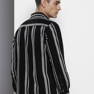 Men's Black Regular Fit Striped Casual Overshirt