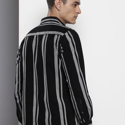 Men's Black Regular Fit Striped Casual Overshirt