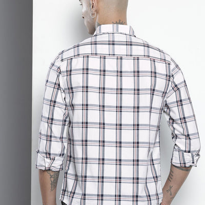 Men's White Slim Fit Checked Casual Shirt