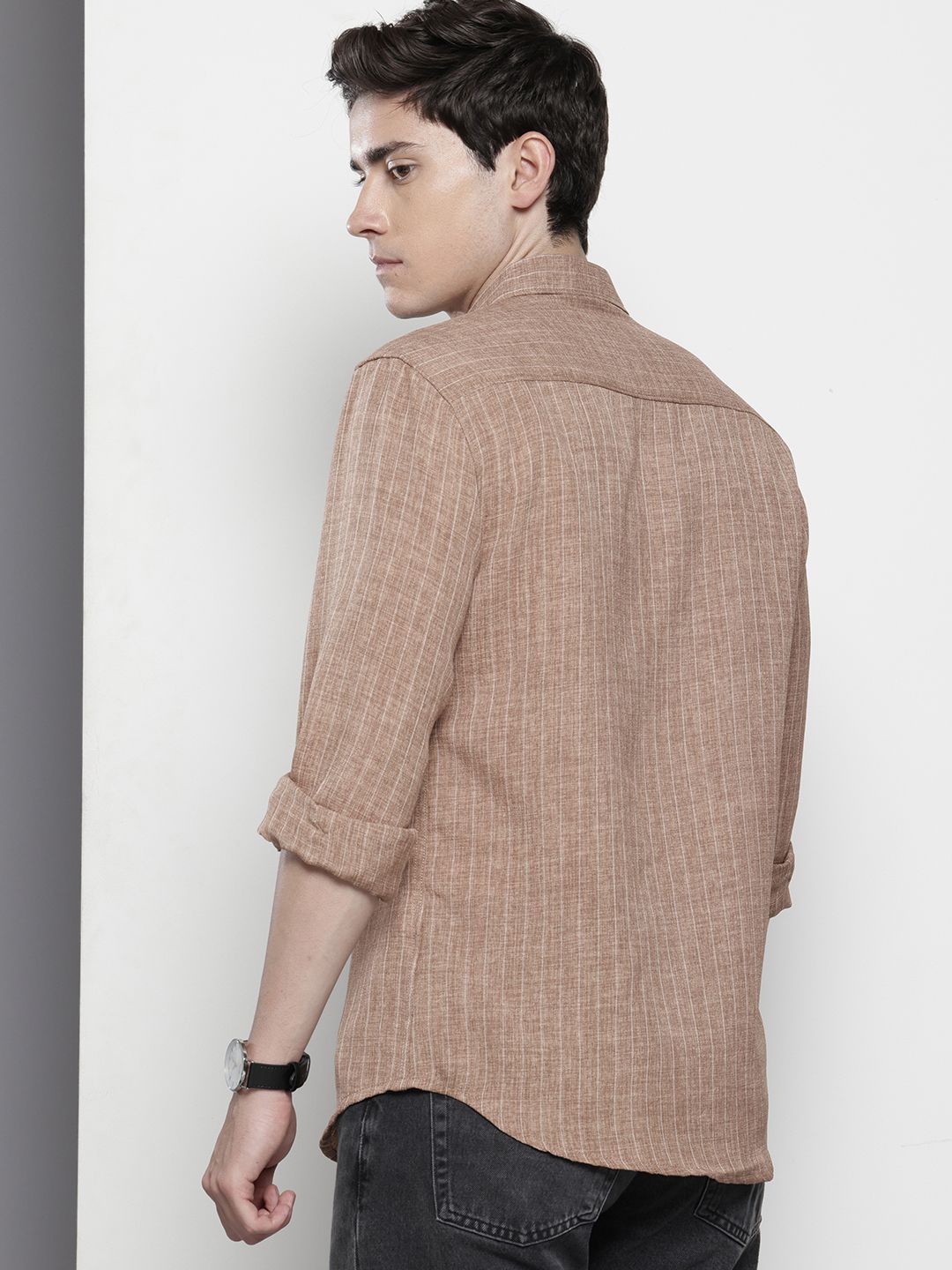 Men's Brown Slim Fit Striped Casual Shirt