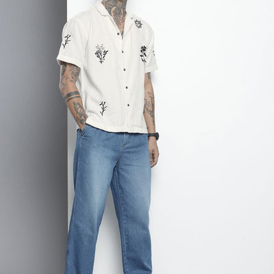Men's White Relaxed Fit Embroidered Resort Wear Shirt