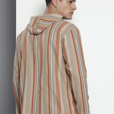Men's Brown Relaxed Fit Vertical Stripes Resort Wear Shirt