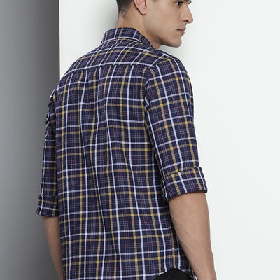 Men's Blue Slim Fit Checked Casual Shirt