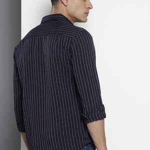 Men's Navy Blue Slim Fit Striped Casual Shirt