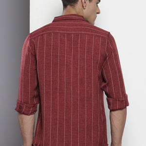 Men's Maroon Slim Fit Vertical Striped Casual Shirt