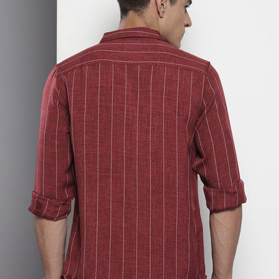 Men's Maroon Slim Fit Vertical Striped Casual Shirt