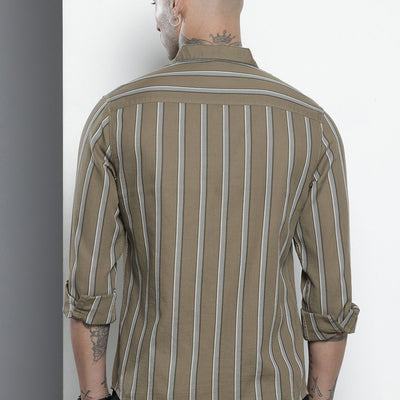 Men's Green Slim Fit Striped Casual Shirt