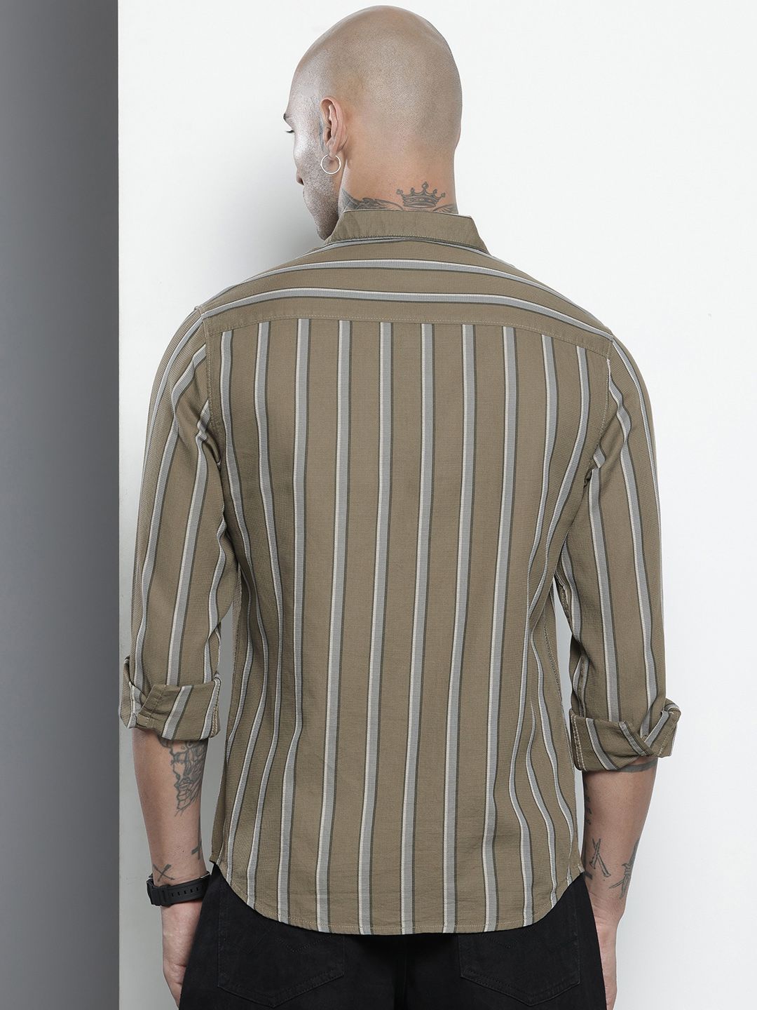 Men's Green Slim Fit Striped Casual Shirt