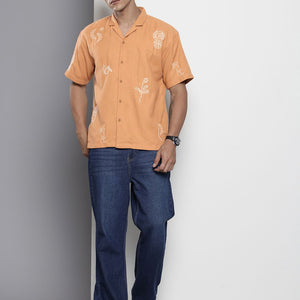 Men's Yellow Relaxed Fit Printed Resort Wear Shirt