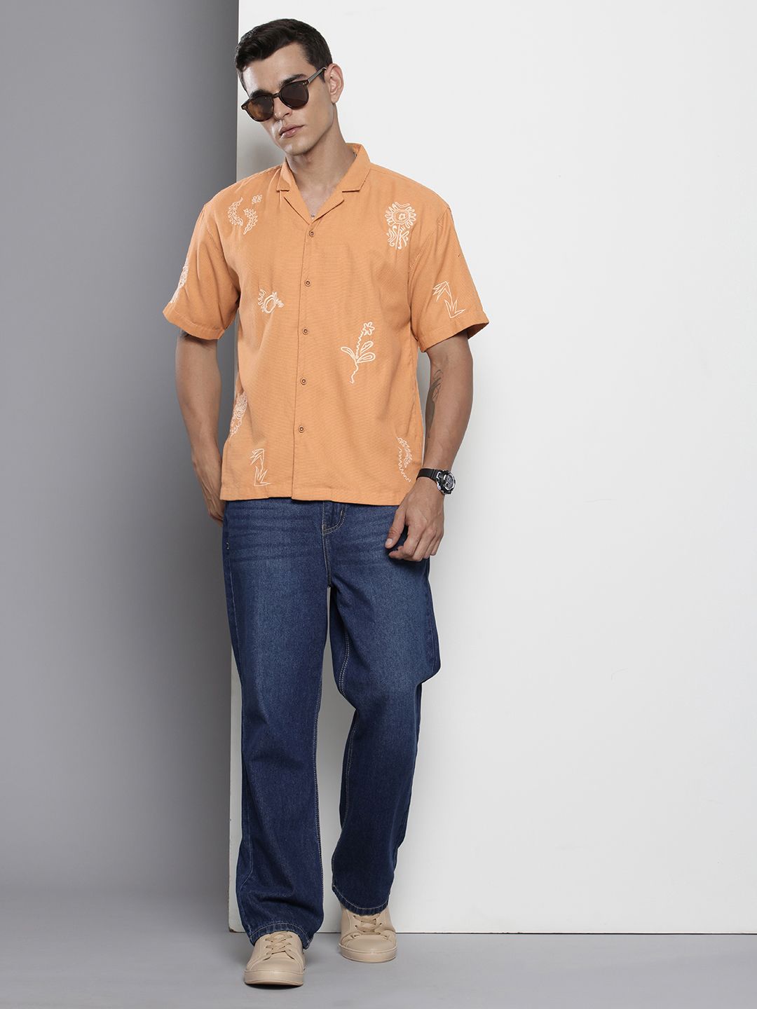Men's Yellow Relaxed Fit Printed Resort Wear Shirt