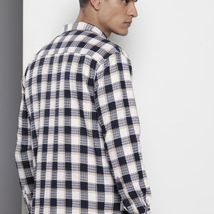 Men's Navy Blue Relaxed Fit Checked Resort Wear Shirt