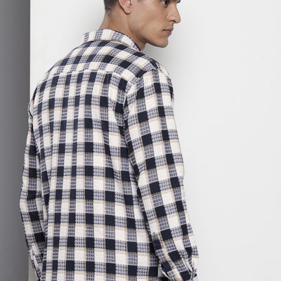 Men's Navy Blue Relaxed Fit Checked Resort Wear Shirt