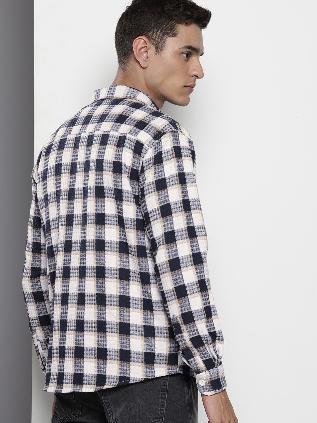 Men's Navy Blue Relaxed Fit Checked Resort Wear Shirt
