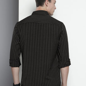 Men's Black Slim Fit Striped Casual Shirt