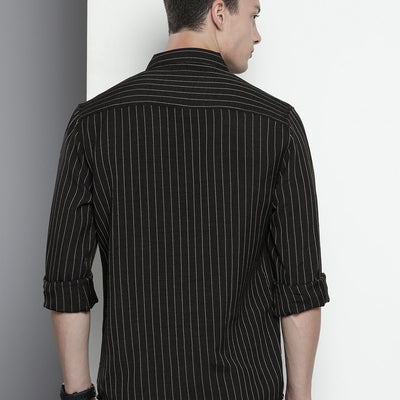 Men's Black Slim Fit Striped Casual Shirt