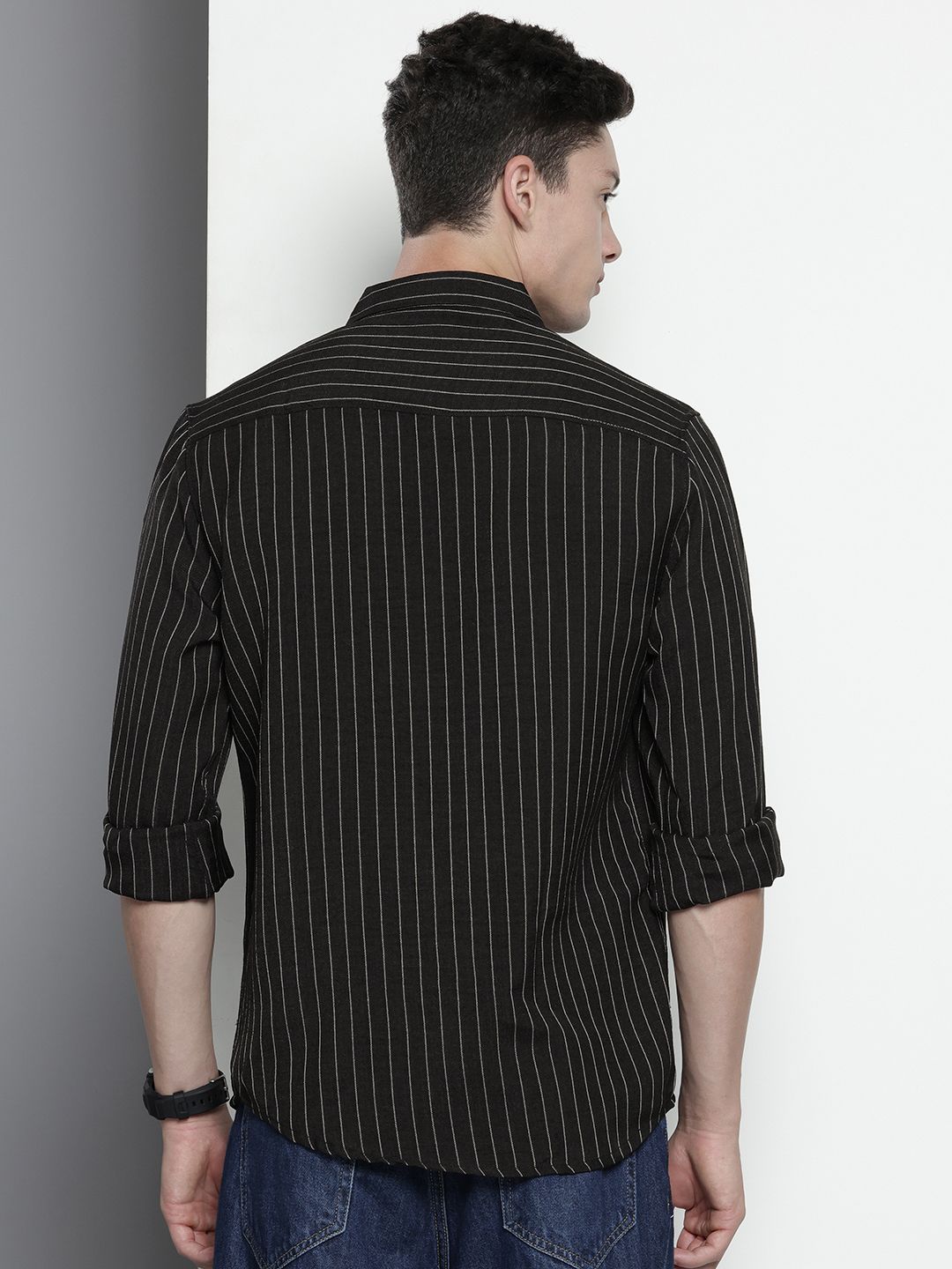 Men's Black Slim Fit Striped Casual Shirt