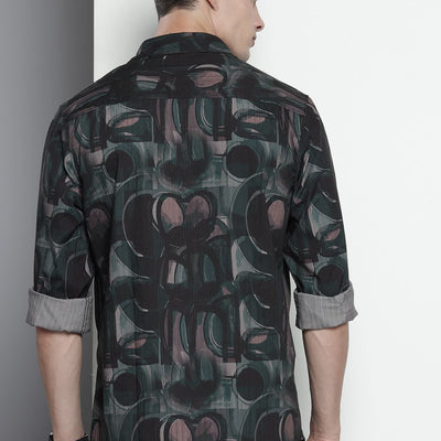 Men's Black Slim Fit Abstract Print Party Wear Shirt