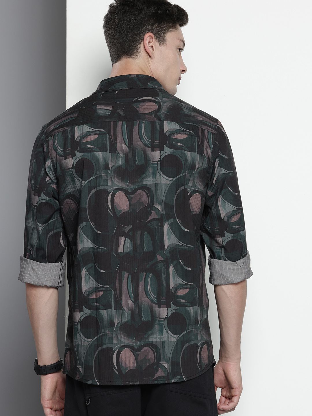 Men's Black Slim Fit Abstract Print Party Wear Shirt