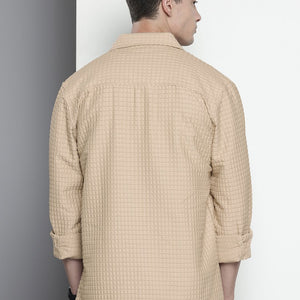 Men's Cream Regular Fit Textured Resort Wear Shirt
