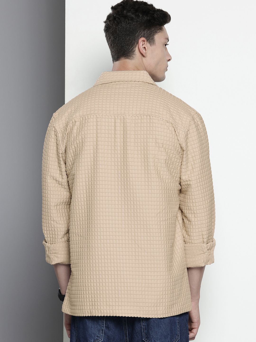 Men's Cream Regular Fit Textured Resort Wear Shirt