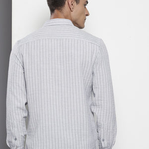 Men's Grey Slim Fit Striped Casual Shirt