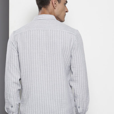 Men's Grey Slim Fit Striped Casual Shirt