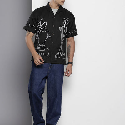 Men's Black Relaxed Fit Solid Resort Wear Shirt
