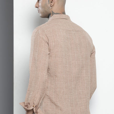 Men's Brown Slim Fit Vertical Striped Casual Shirt