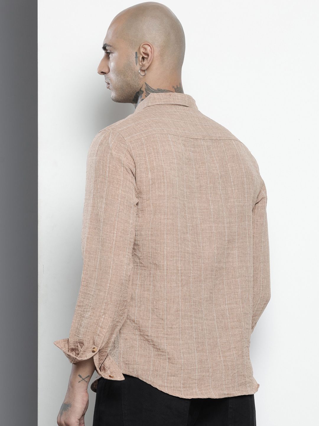 Men's Brown Slim Fit Vertical Striped Casual Shirt