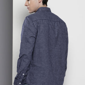 Men's Navy Blue Slim Fit Striped Casual Shirt