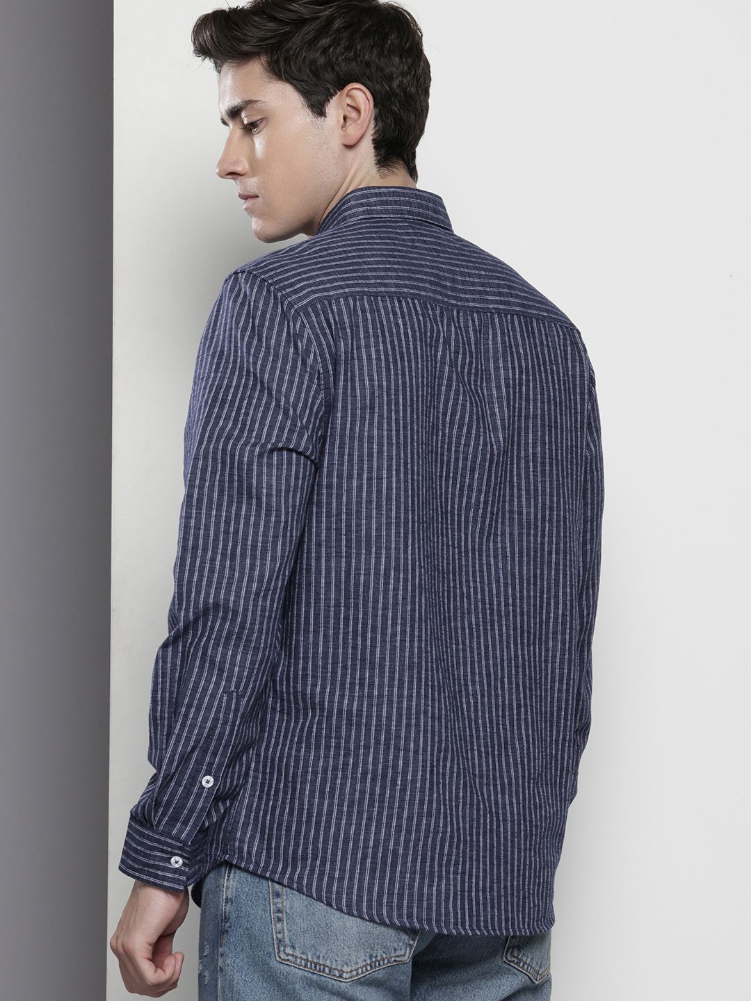 Men's Navy Blue Slim Fit Striped Casual Shirt