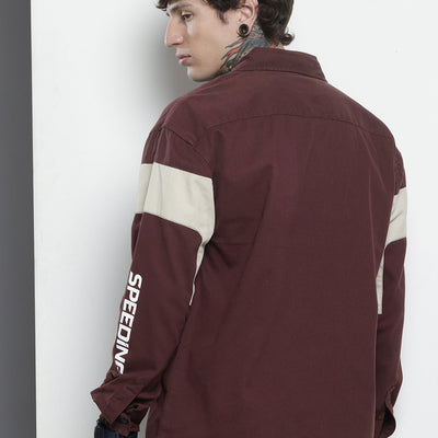 Men's Maroon Regular Fit Graphic Print Street Wear Overshirt