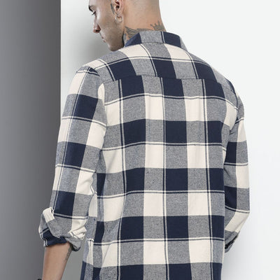 Men's Navy Blue Regular Fit Checked Casual Shirt
