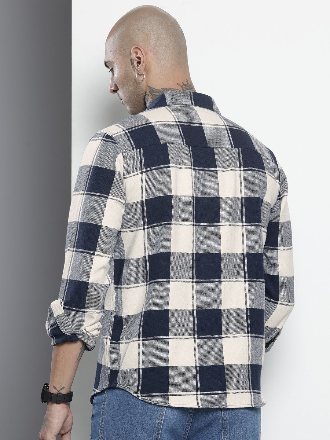 Men's Navy Blue Regular Fit Checked Casual Shirt